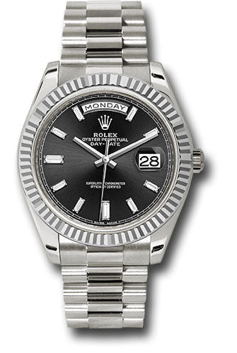 Rolex White Gold Day-Date 40 Watch - Fluted Bezel - Black Baguette Diamond Dial - President Bracelet - 228239 bkbdp