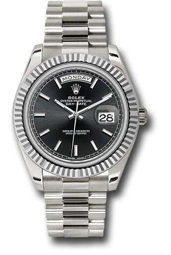 Rolex White Gold Day-Date 40 Watch - Fluted Bezel - Black Index Dial - President Bracelet - 228239 bkip