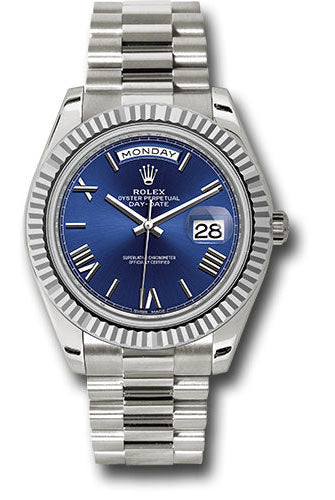 Rolex White Gold Day-Date 40 Watch - Fluted Bezel - Blue Bevelled Roman Dial - President Bracelet - 228239 blrp