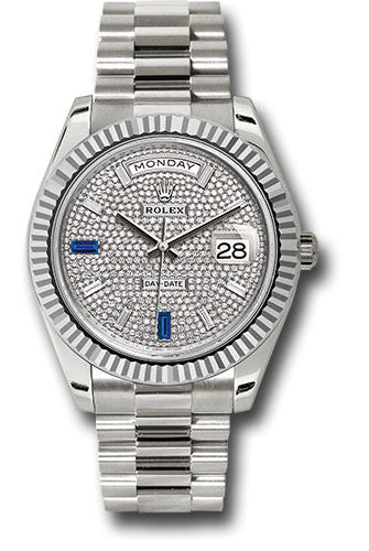 Rolex White Gold Day-Date 40 Watch - Fluted Bezel - Diamond Paved Baguette Diamond Dial - President Bracelet - 228239 dp7d2sp