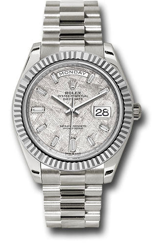 Rolex White Gold Day-Date 40 Watch - Fluted Bezel - Meteorite Baguette Diamond Dial - President Bracelet - 228239 mtdp