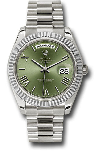 Rolex White Gold Day-Date 40 Watch - Fluted Bezel - Olive Green Bevelled Roman Dial - President Bracelet - 228239 ogrp