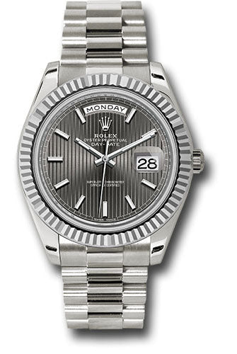 Rolex White Gold Day-Date 40 Watch - Fluted Bezel - Dark Rhodium Stripe Motif Index Dial - President Bracelet - 228239 rsmip