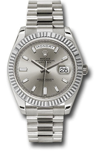 Rolex White Gold Day-Date 40 Watch - Fluted Bezel - Silver Baguette Diamond Dial - President Bracelet - 228239 sbdp