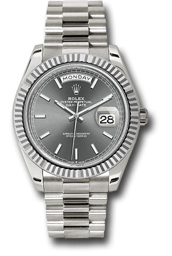 Rolex White Gold Day-Date 40 Watch - Fluted Bezel - Slate Index Dial - President Bracelet - 228239 slip