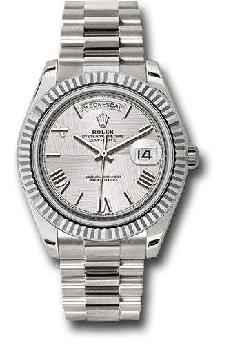 Rolex White Gold Day-Date 40 Watch - Fluted Bezel - Silver Quadrant Motif Bevelled Roman Dial - President Bracelet - 228239