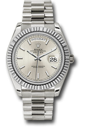Rolex White Gold Day-Date 40 Watch - Fluted Bezel - Silver Stripe Motif Index Dial - President Bracelet - 228239 ssmip