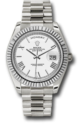 Rolex White Gold Day-Date 40 Watch - Fluted Bezel - White Bevelled Roman Dial - President Bracelet - 228239 wrp
