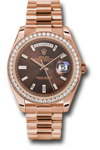 Rolex Everose Gold Day-Date 40 Watch - Everose Gold Bezel - Chocolate Baguette Diamond Dial - President Bracelet - 228345RBR