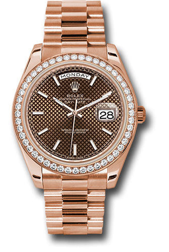 Rolex Everose Gold Day-Date 40 Watch - Everose Gold Bezel - Chocolate Diagonal Motif Index Dial - President Bracelet -