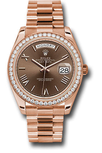 Rolex Everose Gold Day-Date 40 Watch - Everose Gold Bezel - Chocolate Bevelled Roman Dial - President Bracelet - 228345RBR