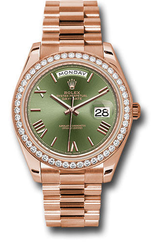 Rolex Everose Gold Day-Date 40 Watch - Everose Gold Bezel - Olive Green Bevelled Roman Dial - President Bracelet - 228345RBR