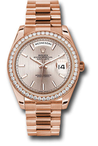 Rolex Everose Gold Day-Date 40 Watch - Everose Gold Bezel - Sundust Strip Motif Index Dial - President Bracelet - 228345RBR