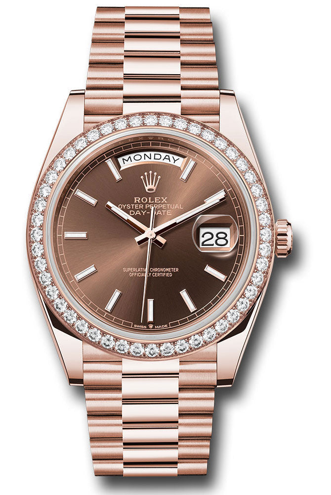 Rolex Everose Gold Day-Date 40 Watch - Diamond Bezel - Chocolate Index Dial - President Bracelet - 228345rbr choip