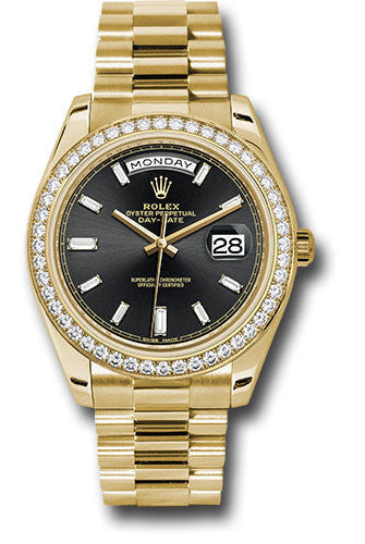 Rolex Yellow Gold Day-Date 40 Watch - Bezel - Black Baguette Diamond Dial - President Bracelet - 228348RBR bkbdp
