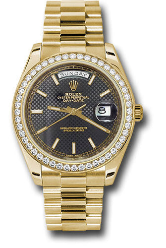 Rolex Yellow Gold Day-Date 40 Watch - Bezel - Black Diagonal Motif Index Dial - President Bracelet - 228348RBR bkdmip