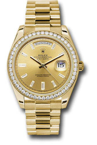 Rolex Yellow Gold Day-Date 40 Watch - Yellow Gold Bezel - Champagne Baguette Diamond Dial - President Bracelet - 228348RBR
