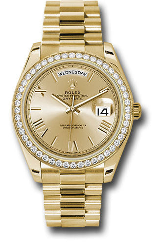 Rolex Yellow Gold Day-Date 40 Watch - Bezel - Champagne Bevelled Roman Dial - President Bracelet - 228348RBR chrp