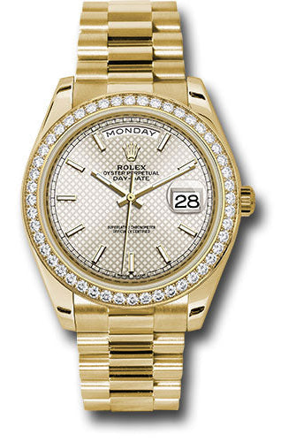 Rolex Yellow Gold Day-Date 40 Watch - Bezel - Silver Diagonal Motif Index Dial - President Bracelet - 228348RBR sdmip