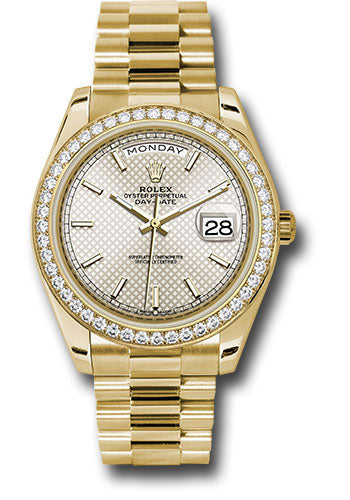 Rolex Yellow Gold Day-Date 40 Watch - Bezel - Silver Diagonal Motif Index Dial - President Bracelet - 228348RBR sdmip