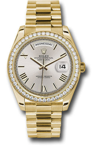 Rolex Yellow Gold Day-Date 40 Watch - Bezel - Silver Bevelled Roman Dial - President Bracelet - 228348RBR sdrp