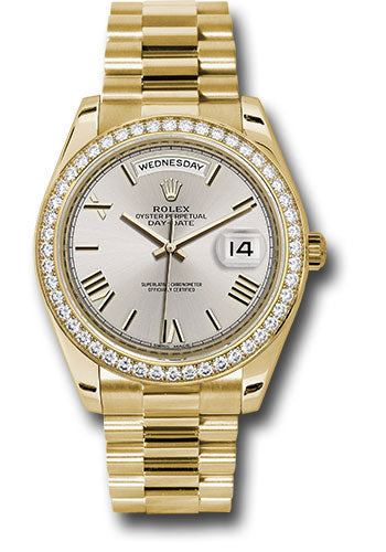 Rolex Yellow Gold Day-Date 40 Watch - Bezel - Silver Bevelled Roman Dial - President Bracelet - 228348RBR sdrp