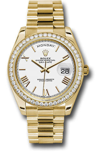 Rolex Yellow Gold Day-Date 40 Watch - Bezel - White Bevelled Roman Dial - President Bracelet - 228348RBR wrp