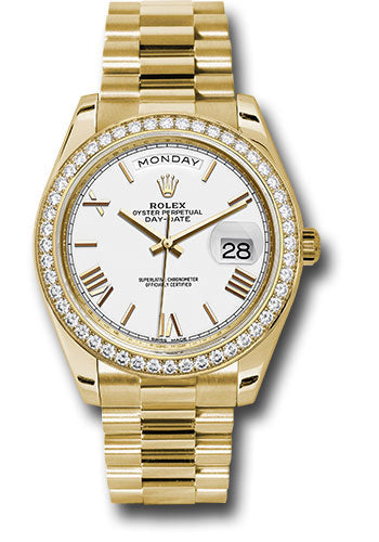 Rolex Yellow Gold Day-Date 40 Watch - Bezel - White Bevelled Roman Dial - President Bracelet - 228348RBR wrp