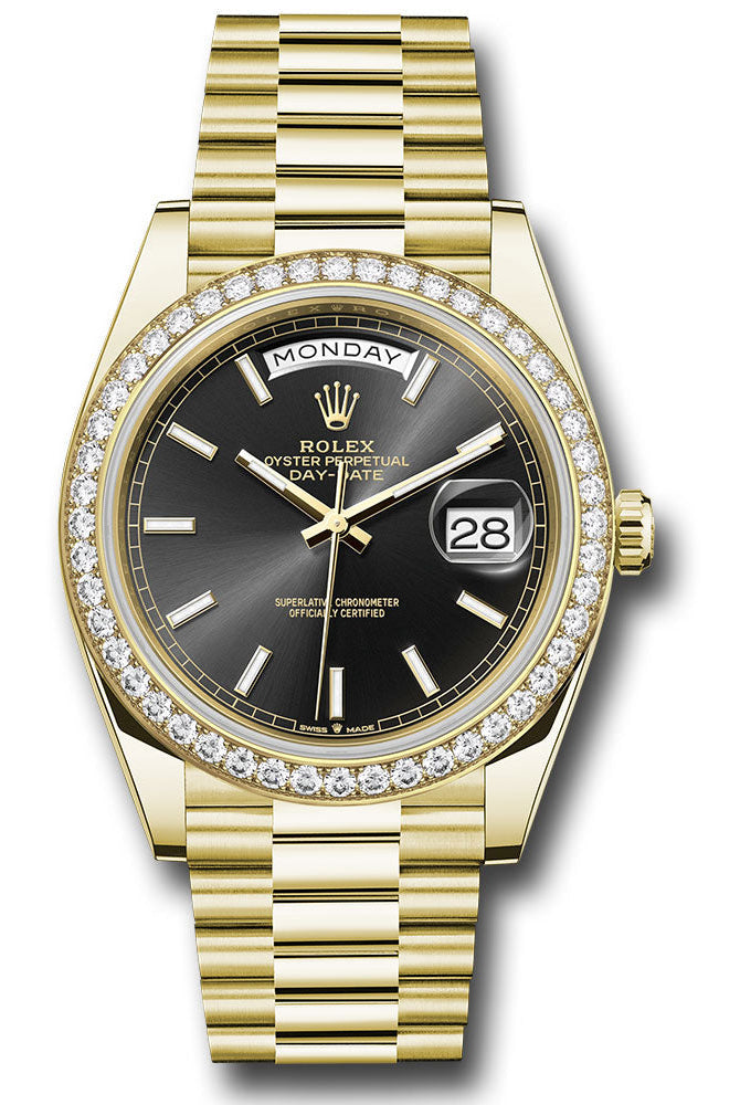 Rolex Yellow Gold Day-Date 40 Watch - Diamond Bezel - Black Index Dial - President Bracelet - 228348rbr bkip