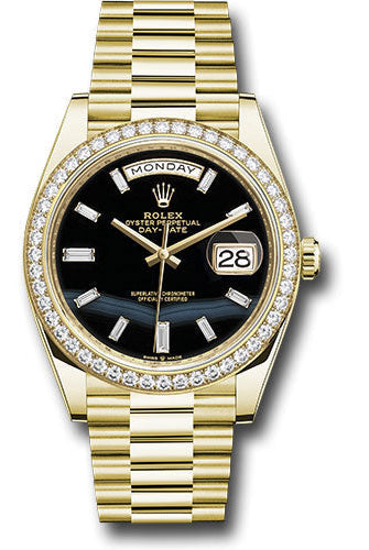 Rolex Yellow Gold Day-Date 40 Watch - Diamond Bezel - Onyx Dial - President Bracelet - 228348rbr onbdp