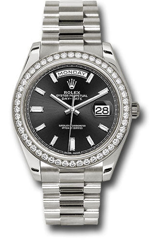 Rolex White Gold Day-Date 40 Watch - White Gold Bezel - Black Baguette Diamond Dial - President Bracelet - 228349RBR bkbdp