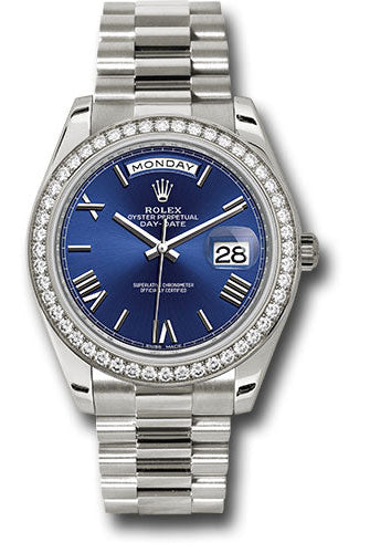Rolex White Gold Day-Date 40 Watch - Bezel - Blue Bevelled Roman Dial - President Bracelet - 228349RBR blrp