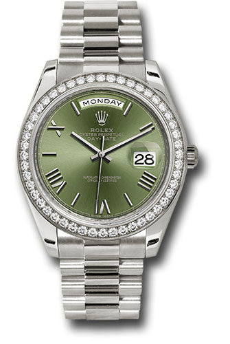 Rolex White Gold Day-Date 40 Watch - Bezel - Olive Green Bevelled Roman Dial - President Bracelet - 228349RBR ogrp