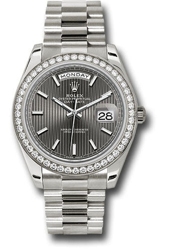 Rolex White Gold Day-Date 40 Watch - Bezel - Dark Rhodium Stripe Motif Index Dial - President Bracelet - 228349RBR rsmip