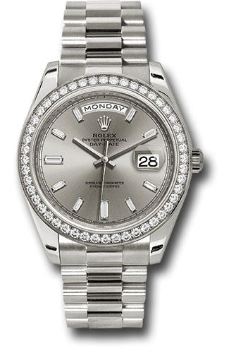 Rolex White Gold Day-Date 40 Watch - White Gold Bezel - Silver Baguette Diamond Dial - President Bracelet - 228349RBR sbdp
