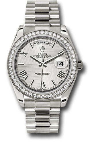 Rolex White Gold Day-Date 40 Watch - Bezel - Silver Quadrant Motif Bevelled Roman Dial - President Bracelet - 228349RBR sqmrp