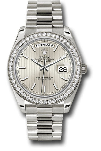 Rolex White Gold Day-Date 40 Watch - Bezel - Silver Stripe Motif Index Dial - President Bracelet - 228349RBR ssmip