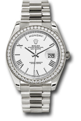 Rolex White Gold Day-Date 40 Watch - Bezel - White Bevelled Roman Dial - President Bracelet - 228349RBR wrp