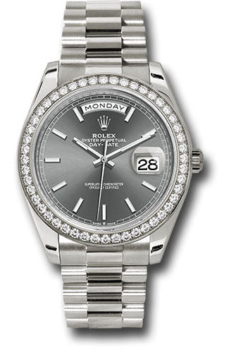 Rolex White Gold Day-Date 40 Watch - Diamond Bezel - Slate Index Dial - President Bracelet - 228349rbr slip