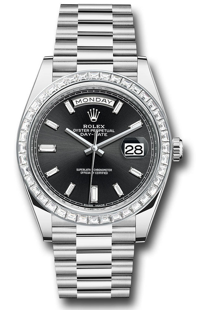 Rolex 950 Platinum Day-Date 40 Watch - Baguette Diamond Bezel - Black Baguette Diamond Dial - President Bracelet - 228396TBR