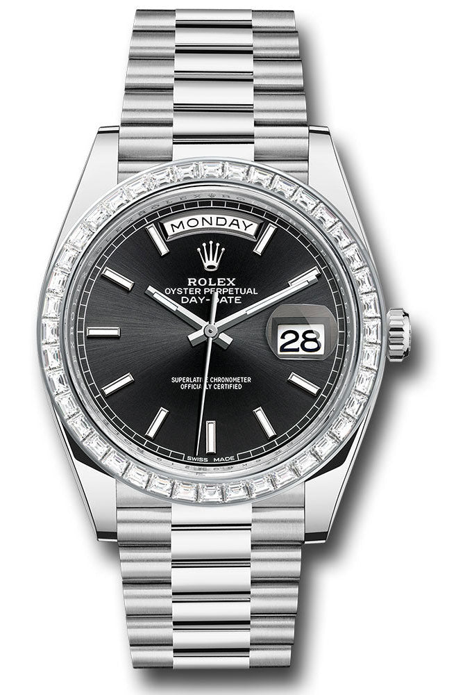 Rolex 950 Platinum Day-Date 40 Watch - Baguette Diamond Bezel - Black Index Dial - President Bracelet - 228396TBR bkip