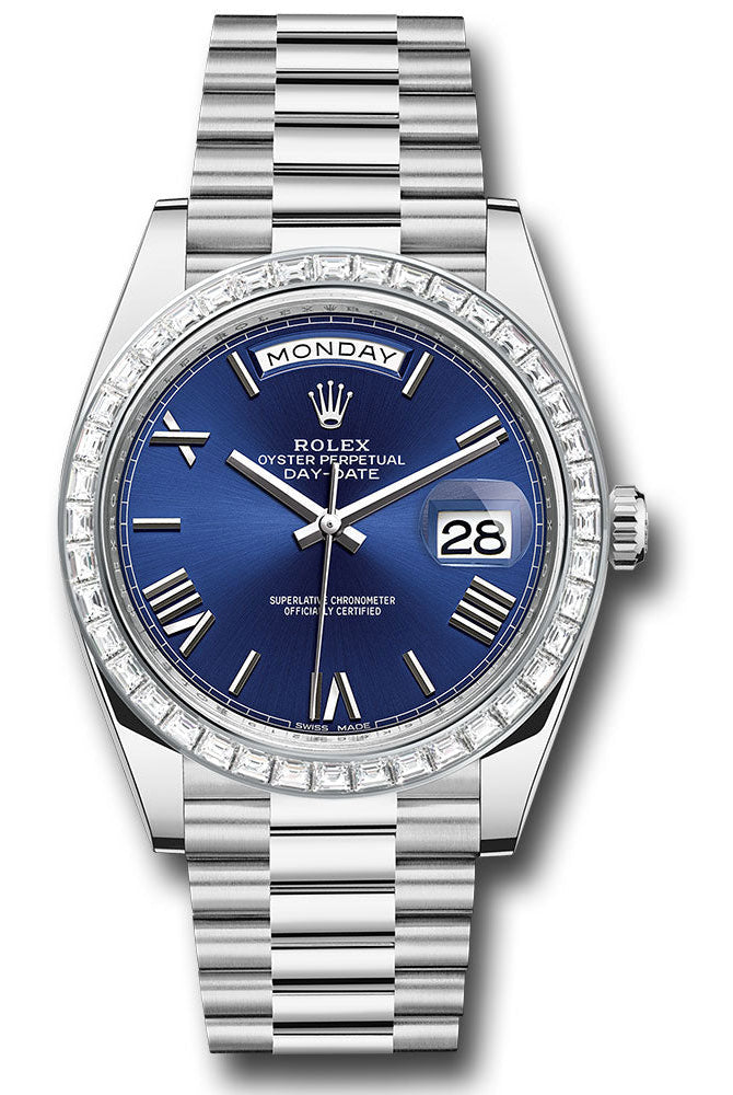 Rolex 950 Platinum Day-Date 40 Watch - Baguette Diamond Bezel - Blue Bevelled Roman Dial - President Bracelet - 228396TBR