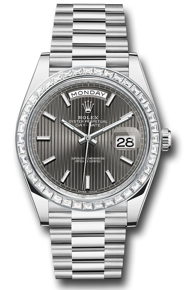 Rolex 950 Platinum Day-Date 40 Watch - Baguette Diamond Bezel - Dark Rhodium Index Dial - President Bracelet - 228396TBR