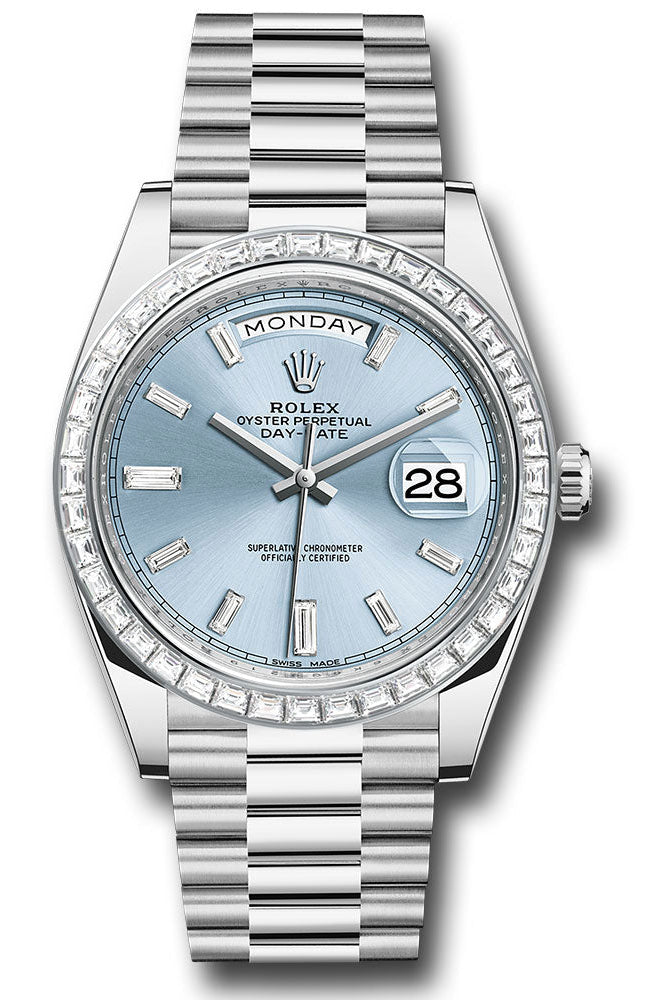 Rolex 950 Platinum Day-Date 40 Watch - Baguette Diamond Bezel - Ice Blue Baguette Diamond Dial - President Bracelet -