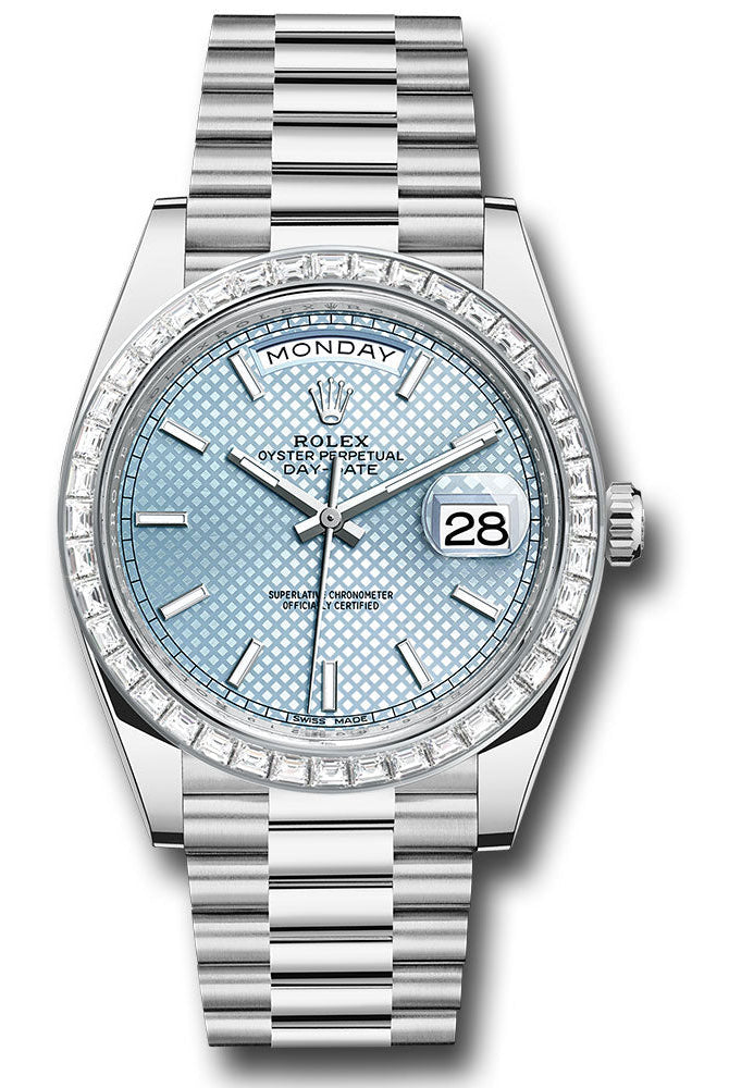 Rolex 950 Platinum Day-Date 40 Watch - Baguette Diamond Bezel - Ice Blue Diagonal Motif Index Dial - President Bracelet -