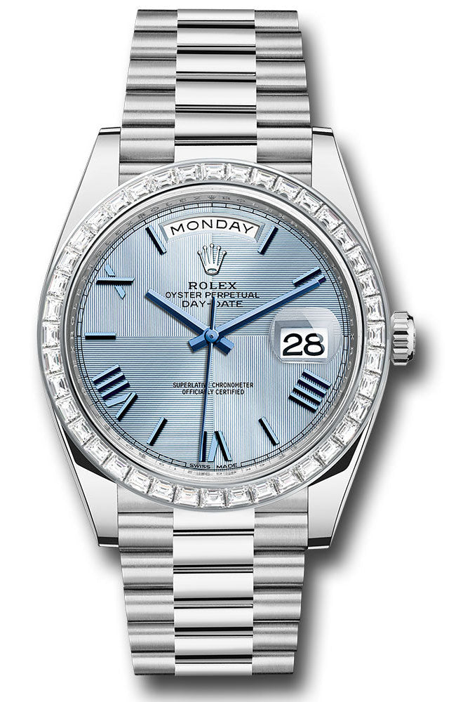 Rolex 950 Platinum Day-Date 40 Watch - Baguette Diamond Bezel - Ice Blue Quadrant Motif Bevelled Roman Dial - President
