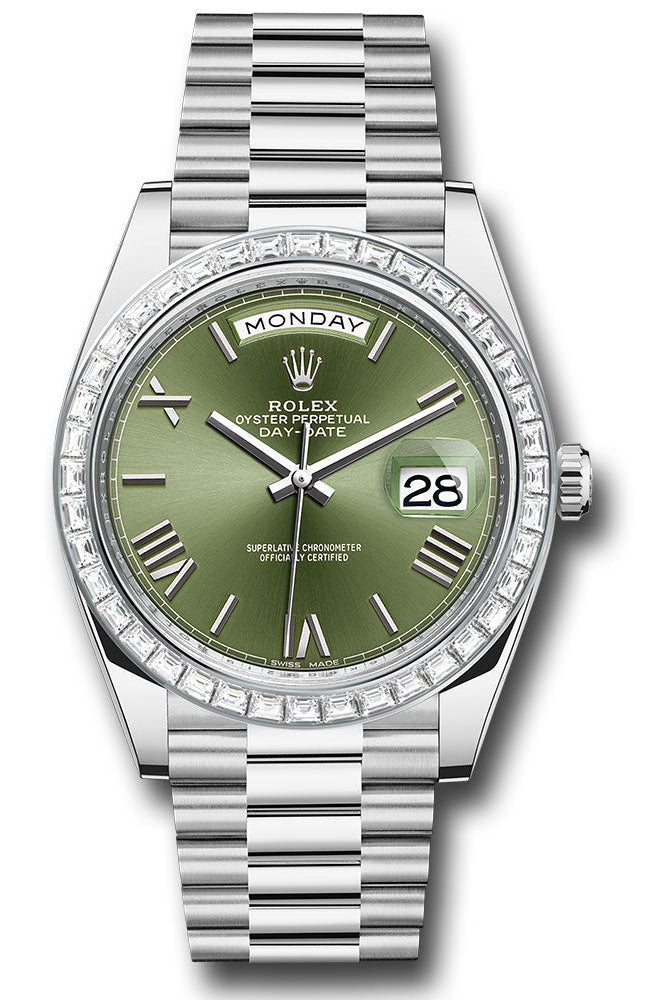 Rolex 950 Platinum Day-Date 40 Watch - Baguette Diamond Bezel - Olive Green Bevelled Roman Dial - President Bracelet -