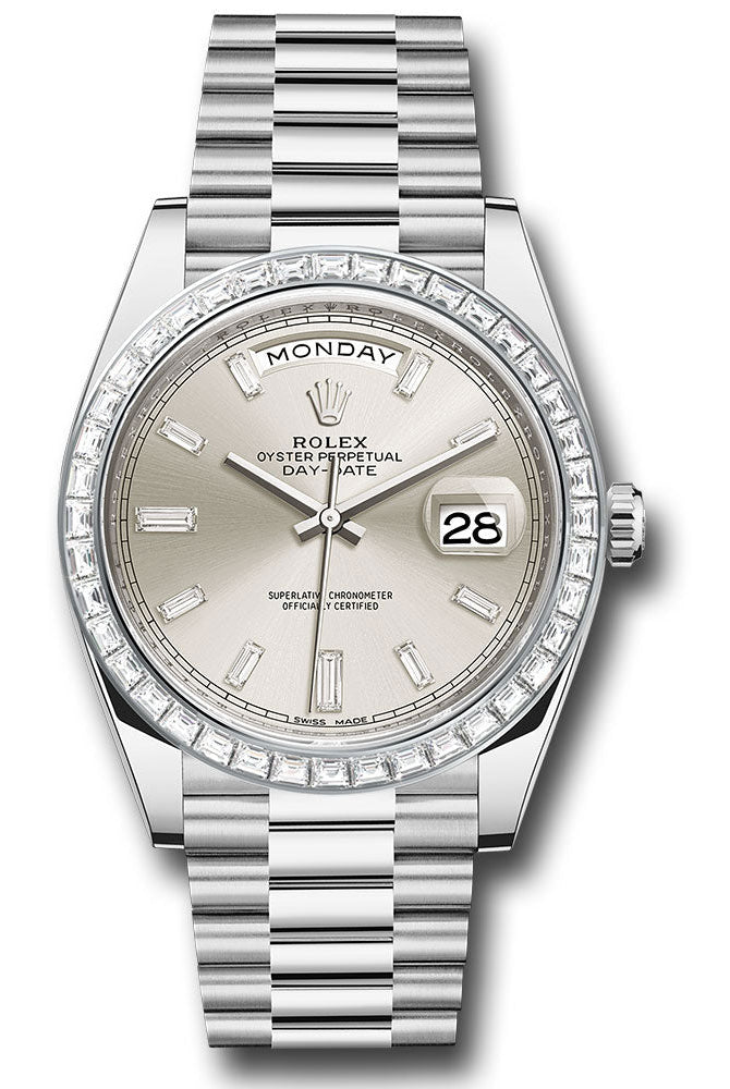 Rolex 950 Platinum Day-Date 40 Watch - Baguette Diamond Bezel - Silver Baguette Diamond Dial - President Bracelet -