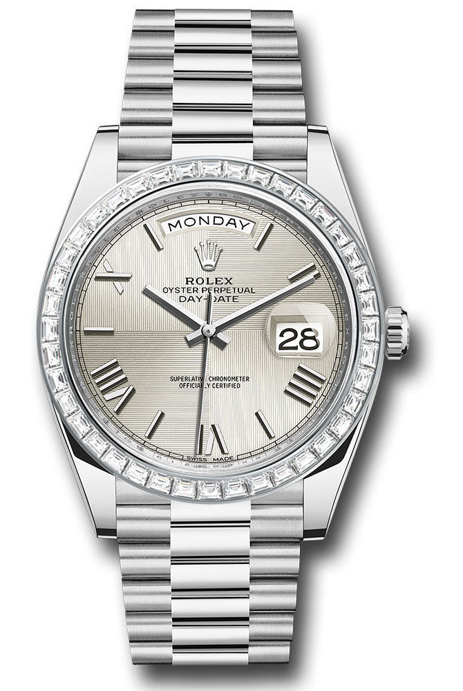 Rolex 950 Platinum Day-Date 40 Watch - Baguette Diamond Bezel - Silver Quadrant Motif Bevelled Roman Dial - President