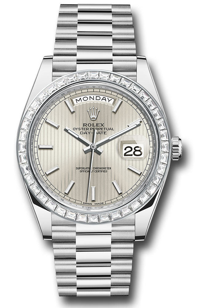 Rolex 950 Platinum Day-Date 40 Watch - Baguette Diamond Bezel - Silver Strip Motif Index Dial - President Bracelet -